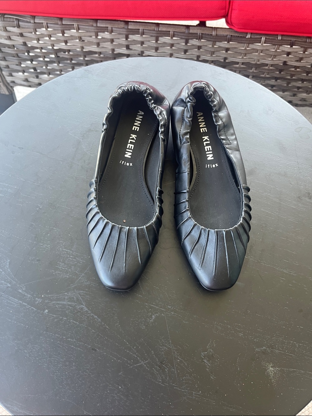 Anne Klein Black Pleated Pointed Ballet Flats with Elastic Topline
